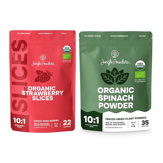 Jungle Powders Freeze Dried Strawberries Organic USDA Certified Strawberry Slices 3.2 Ounce Bag + Organic Spinach Powder from Whole Leaf 5 Ounce Bag USDA Certified - Antioxidant Rich