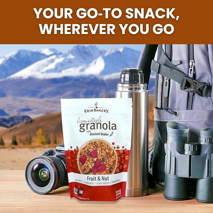 Erin Baker’s Homestyle Fruit and Nut Granola with Ancient Grains - Made from Natural Ingredients Crunchy Texture Versatile Snack or Cereal - Vegan Friendly Non-GMO Resealable 12oz Bags 6‑Pack