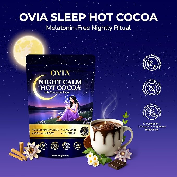 OVIA Night Calm – Melatonin-Free Magnesium Mushroom Hot Cocoa for Sleep – Nighttime Hot Chocolate with L-Tryptophan L-Theanine &amp Reishi – Relaxation Stress &amp Cortisol Support | 30 Servings