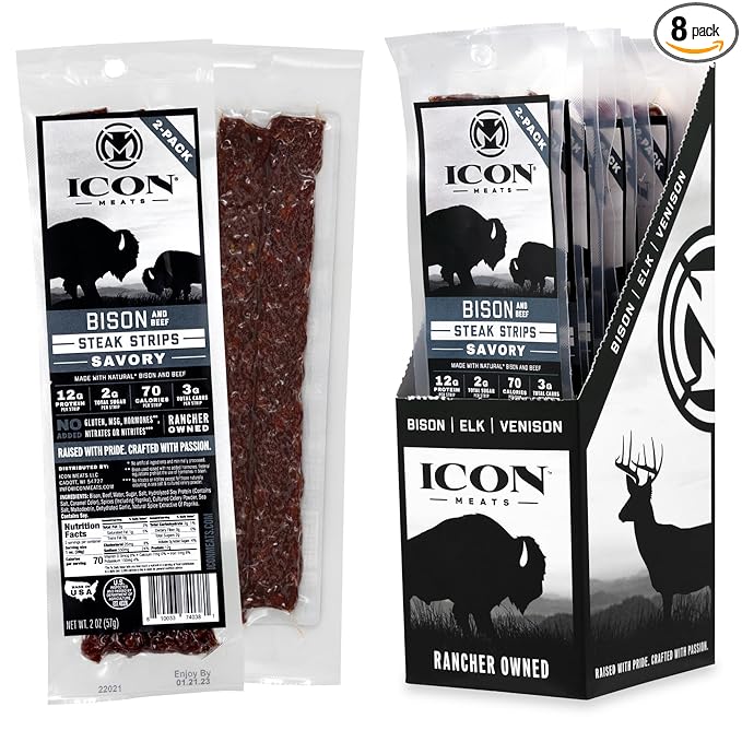 ICON Meats Bison and Beef Jerky Steak Strips Savory Flavor 8 High Protein Snacks Packs 2 Strips per Pack Low Sugar Gluten Free Natural USDA Inspected Made in the USA Gifts for Him