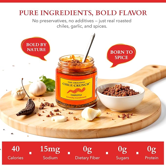 CHILE CRUNCH - Chipotle Spicy Crunchy Condiment - All Natural Roasted Chili Peppers Garlic &amp Onion Crisp Sauce - Vegan Gluten-Free No Preservatives - Homemade Authentic Mexican Recipe 5.5oz (3