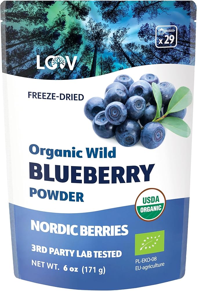LOOV Organic Wild Blueberry Powder - 29-Day Supply 6 Oz Good for Smoothie &amp Breakfast Freeze-Dried from Northern Europe No Added Sugar