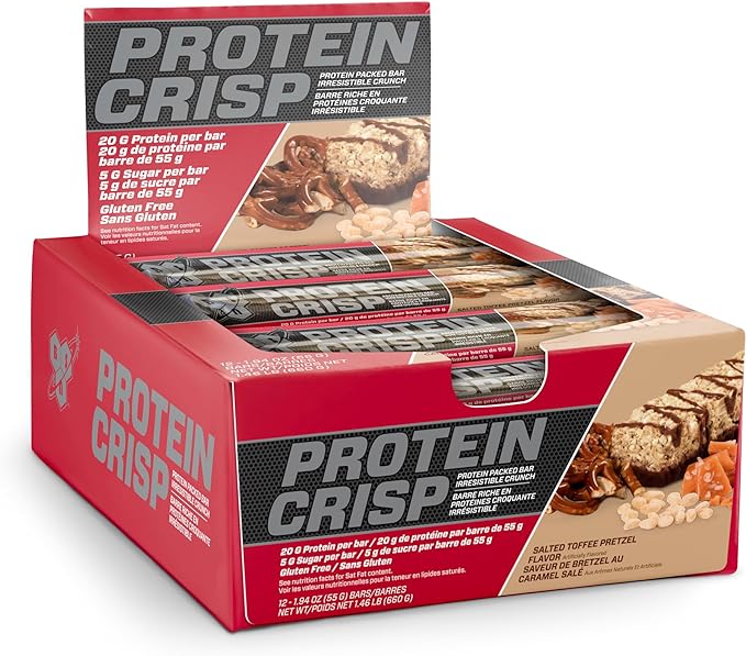 BSN Protein Crisp Bar Salted Toffee Pretzel 20 Gram Protein Snack Bars with Whey and Fiber Gluten-Free Crunchy Energy Bars for Workout Fitness On-the-Go 12 Count