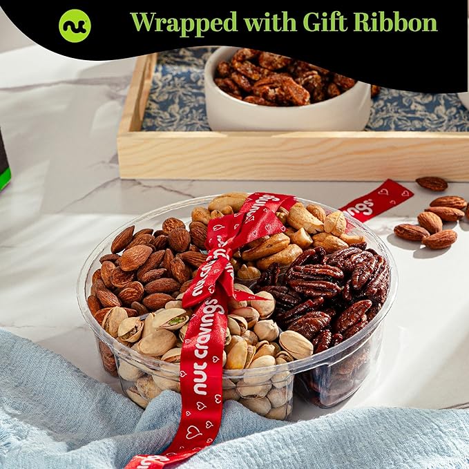 NUT CRAVINGS - Easter Mixed Nuts Gift Basket + Heart Ribbon (4 Assortments) Ramadan Gifts Saint Patrick's Day Treats for Adults Food Arrangement Healthy Snack Care Package Kosher
