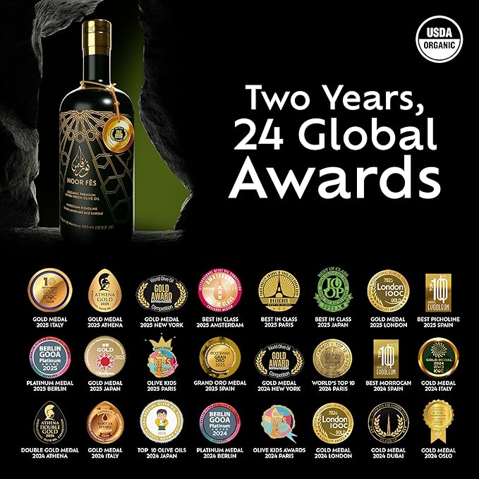 NOOR FÈS EVOO Gift Set | 20+ Awards | USDA Organic | 584mg/kg High in Polyphenols | Extra Virgin | Single Origin Estate | Cold Extracted Olive Oil | Low Acidity | Great Gift for Chefs | 17 Fl Oz