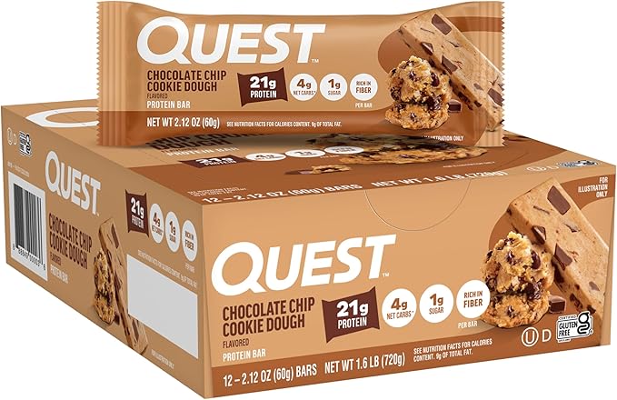 Quest Nutrition Chocolate Chip Cookie Dough Protein Bars High Protein Low Carb Gluten Free Keto Friendly 12 Count