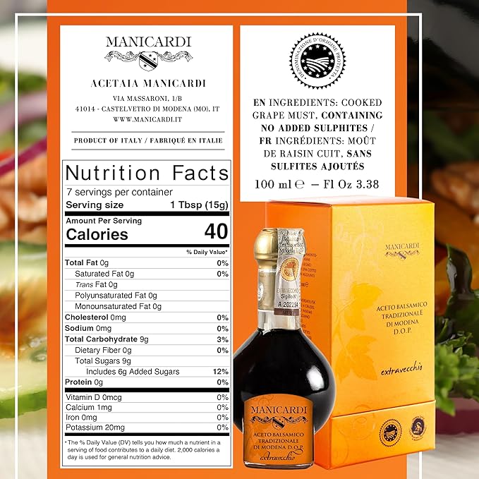 MANICARDI Extra Aged Balsamic Vinegar of Modena PDO - 25 Years - Perfect for Snacks Pasta Vegetables Salad Dressings and Meat - Made in Italy - 3.38 Fl Oz (100 ml)