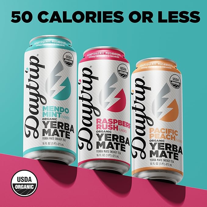 Daytrip Organic Yerba Mate Energy Drink- Clean Plant Based Caffeine (200mg) with Adaptogenic Mushrooms and Green Tea for Focus and Brain Fog - Low Calorie Low Sugar (12 Pack Case)