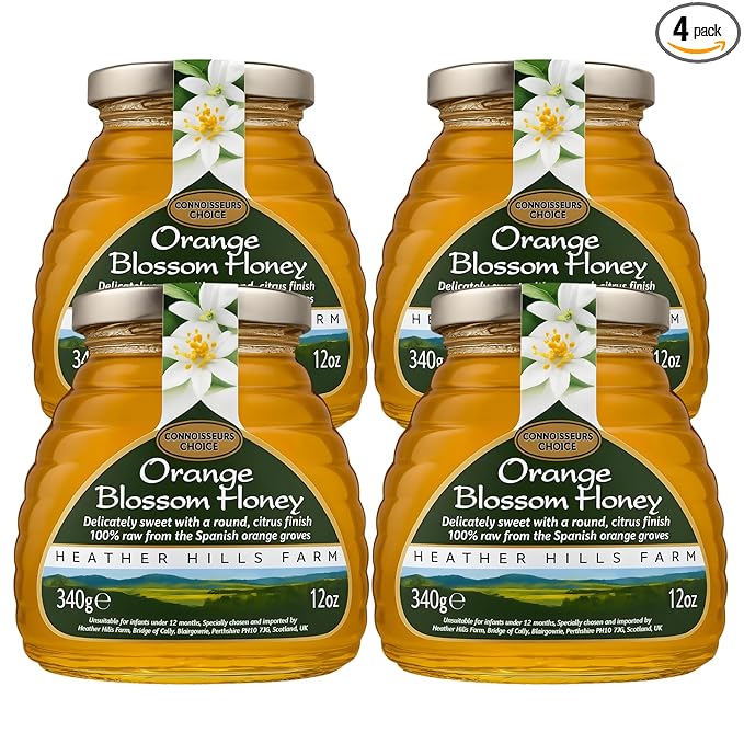 Heather Hills Farm Raw Spanish Orange Blossom Honey 12 Oz (Pack of 4) | Pure Natural Artisan Monofloral Honey from Spain in Glass Jar | Unfiltered &amp Unpasteurized Delicately Sweet Citrus Finish
