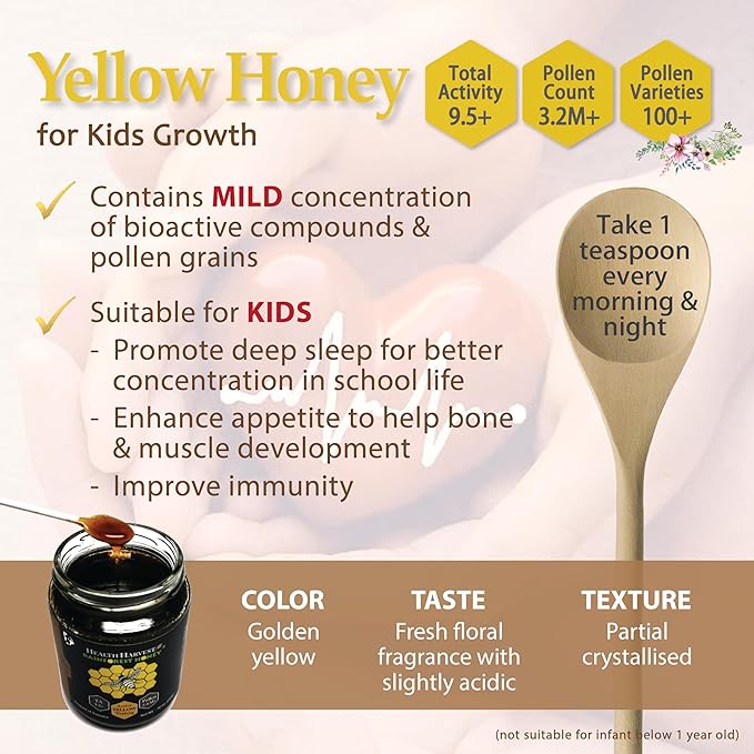 Tualang Yellow Honey 1.8oz (TA 9.5+ Pollen Count 2.4M+ Pollen Variety 100+) Mild Choice for Kids Growth Wild-ripening on 250ft Treetop Raw Unpasteurised Unfiltered