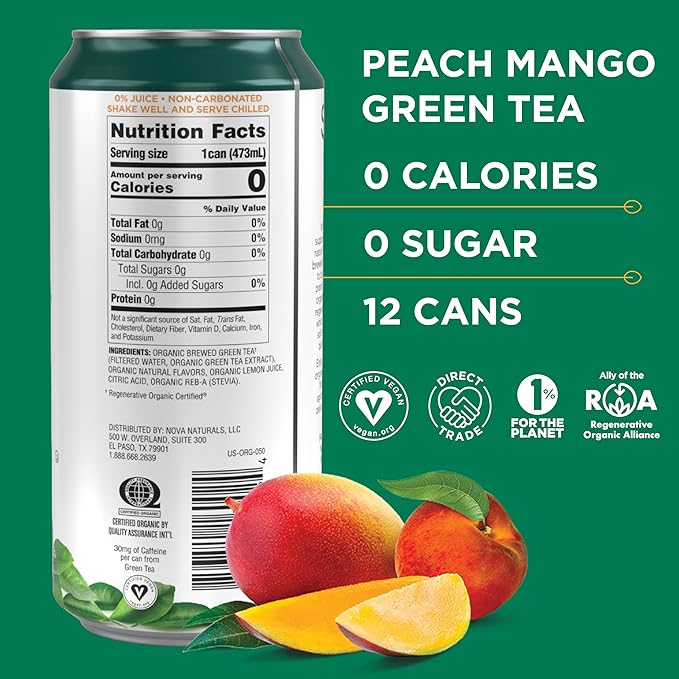 Steaz - Organic Green Tea - Zero Calorie Peach Mango (12 Pack) - Antioxidant Brew - 65mg Natural Caffeine Vitamin C - Stevia Sweetened Iced Tea - Vegan Fair Trade - 12 Cans 16 fl oz (473mL)