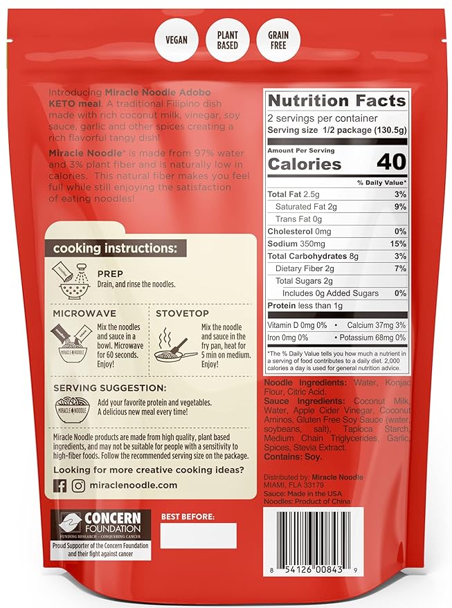 Miracle Noodle Ready to Eat Adobo Pasta 9.2 Oz (Pack of 6) Plant Based Shirataki Konjac Noodles 40 Calories 6g Net Carbs Per Serving Keto Gluten-Free