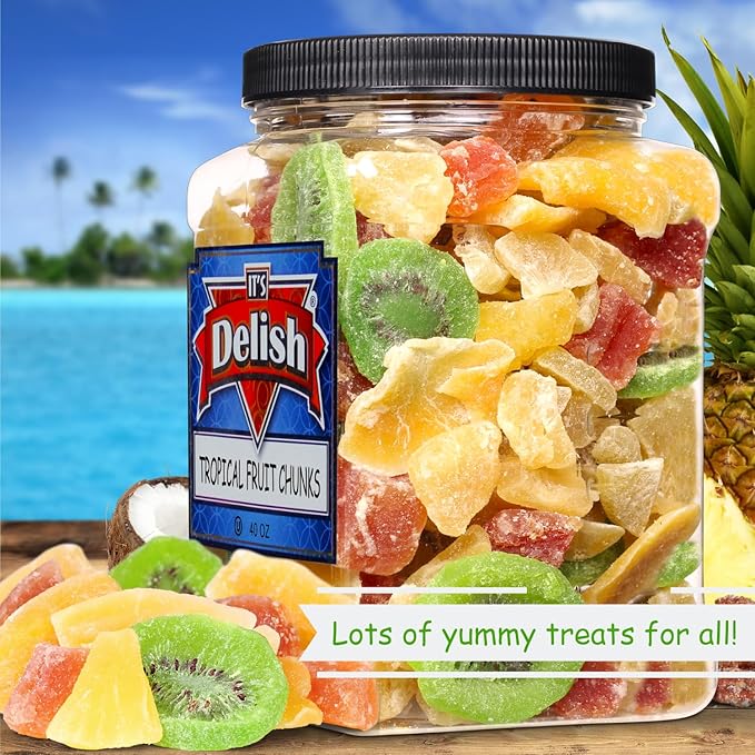 Tropical Dried Mixed Fruit Chunks - by Its Delish 40 OZ Jumbo Container | Healthy Snacks for Adults Kids | Fresh Snack Mix Dry Fruit | Pineapple Mango Papaya Kiwi Slices | Gluten Free Vegan Kosher