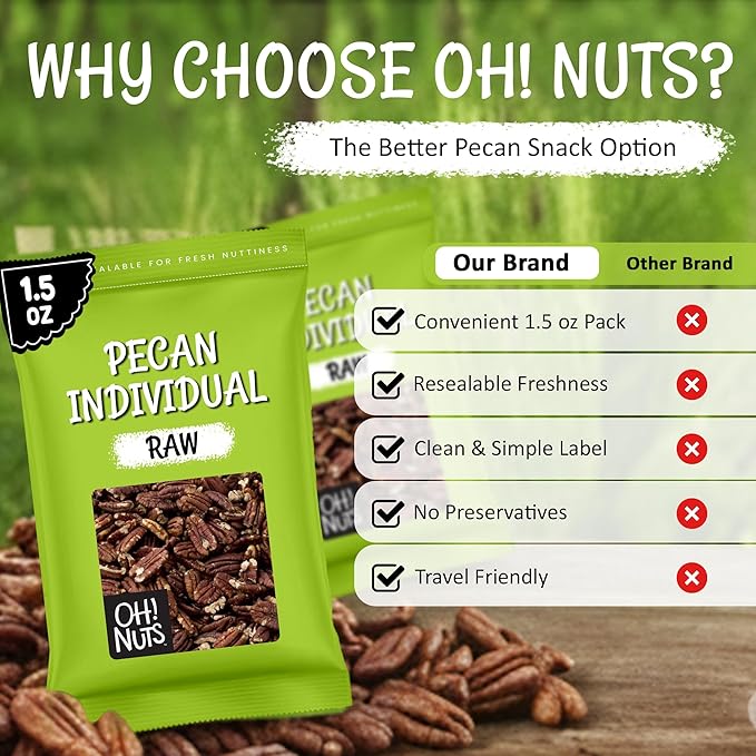 Oh! Nuts Pecan Raw Individual Nut Snacks for On-the-Go - 12 Convenient Nut Snacks for School - Bulk Nuts Variety - Individual Packs (1.5 oz Each)