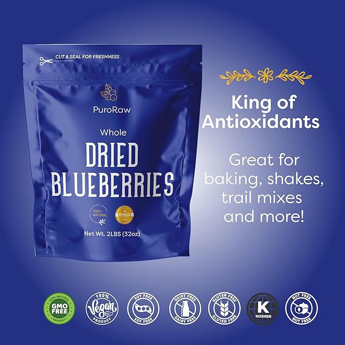 PuroRaw Dried Blueberries No Sugar Added 2 lbs. Blue Berries Fruit Dehydrated Blueberries Fresh Dried Blueberries Bulk Blueberry Raisins. All Natural Non-GMO Batch Tested 2 pounds (Pack of 2)