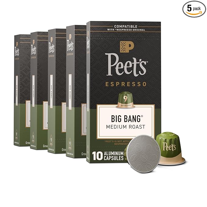 Peet's Coffee Medium Roast Espresso Capsules Compatible with Nespresso Original Machines 100% Arabica Coffee - Big Bang Intensity 9 50 Count (5 Boxes of 10 Espresso Capsules)