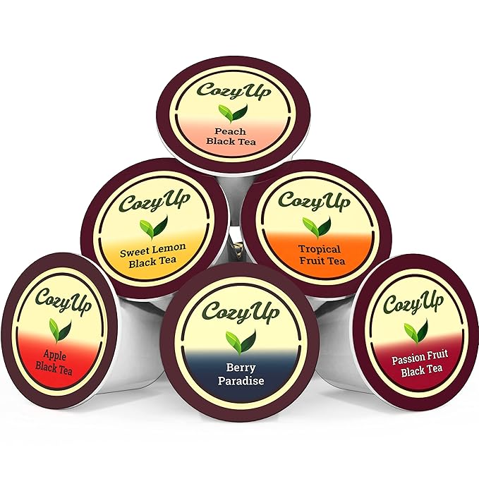 Cozy Up Iced Sweet Fruit Black Tea K-Cup Variety Pack 36 Count Guilt-Free Zero Calorie Sweetness - Compatible with Keurig - Lemon Tropical Berry Passion Fruit Apple &amp Peach - Single Serve Po