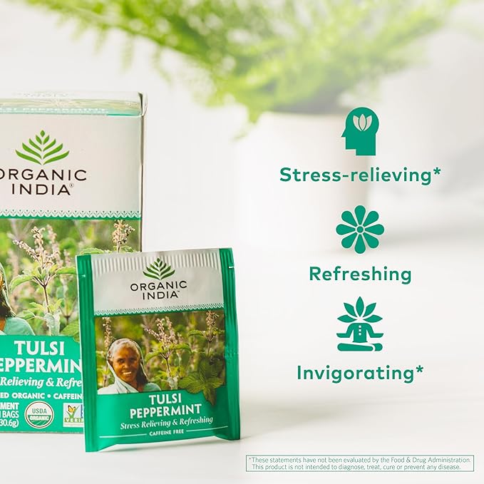 ORGANIC INDIA Tulsi Peppermint Tea - Caffeine Free Herbal Mint Tea - Stress Relieving Holy Basil Immune &amp Digestion Support Vegan USDA Certified Organic Fairtrade - 18 Infusion Bags 3 Pack