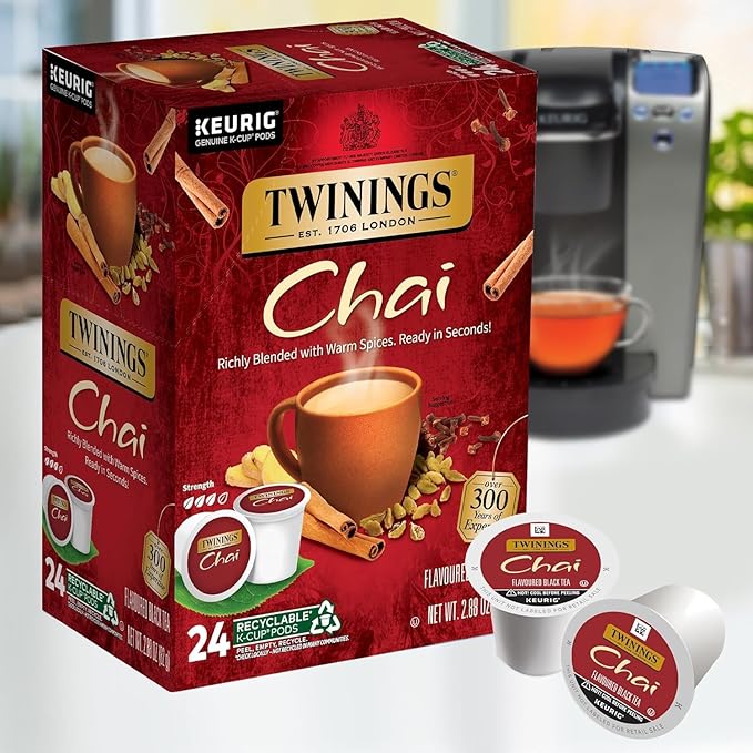Twinings Chai Black Tea K-Cup Pods for Keurig 24 Count (Pack of 2) Naturally Sweet and Savoury Spice Flavours Caffeinated Enjoy Hot or Iced