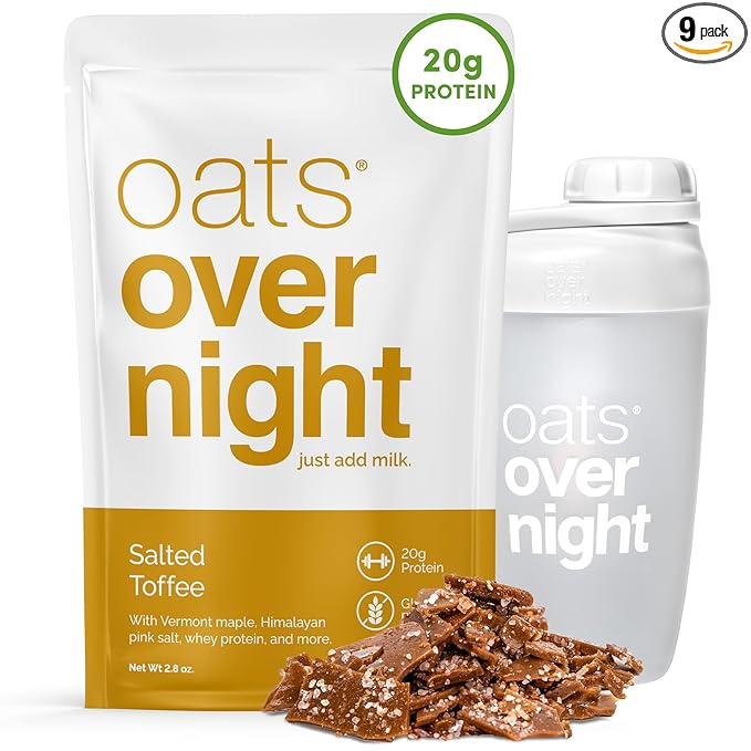 Oats Overnight Salted Toffee - Overnight Oats with 20g Whey Protein High Fiber Breakfast Protein Shake - Gluten Free Oatmeal Non GMO High Protein Oatmeal (2.8 oz per Meal) (8 Pack + Bottle)