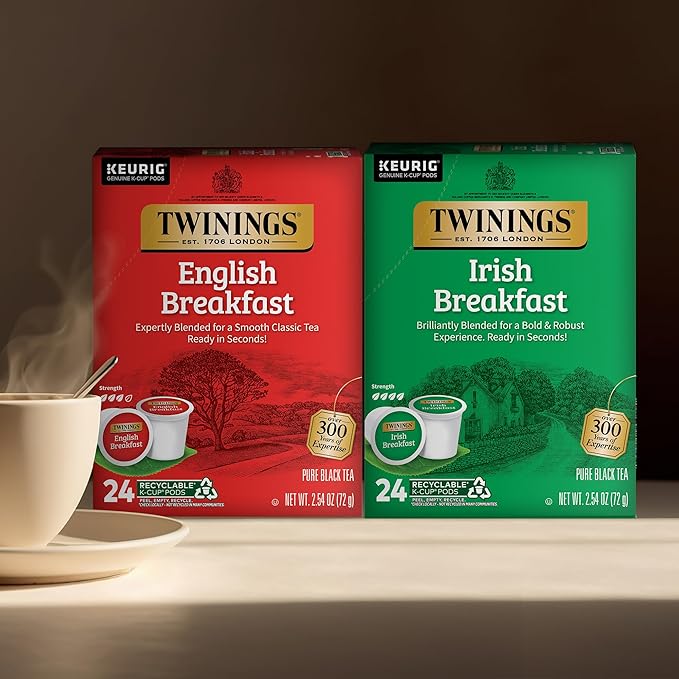 Twinings English Breakfast Black Tea K-Cups for Keurig 24 Count (Pack of 1) + Irish Breakfast Black Tea K-Cups for Keurig 24 Count (Pack of 1)