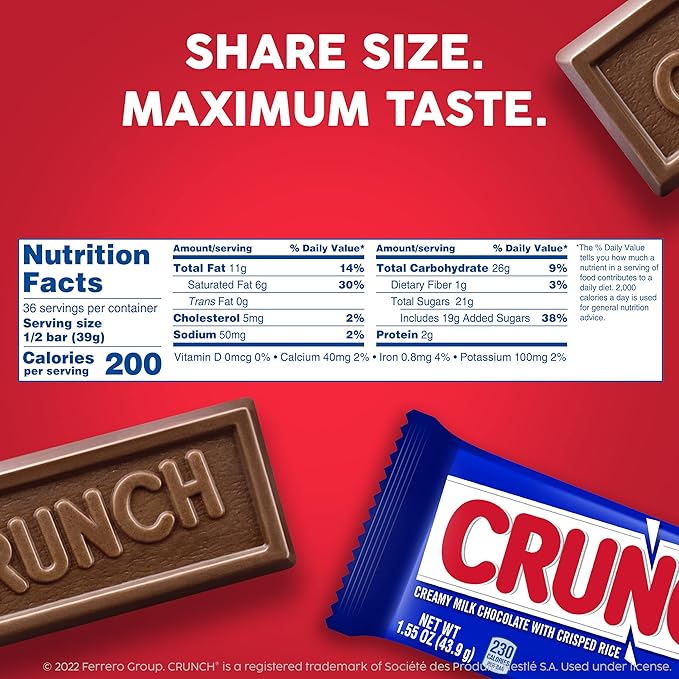 CRUNCH Candy Bar Creamy Milk Chocolate with Crunchy Crisped Rice Share Pack 18 Count 2.7 oz Each