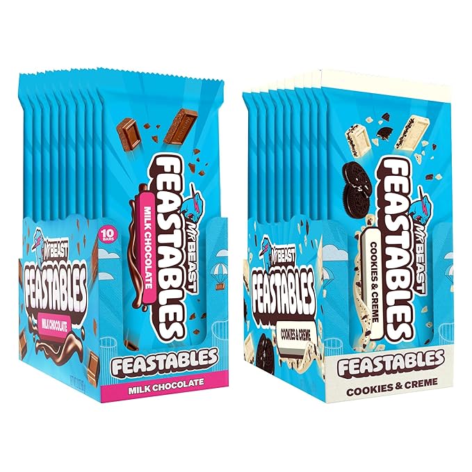 Feastables MrBeast Milk &amp Cookies Variety Pack King Size Milk Chocolate &amp Cookies &amp Creme Bars 2.1oz 20ct