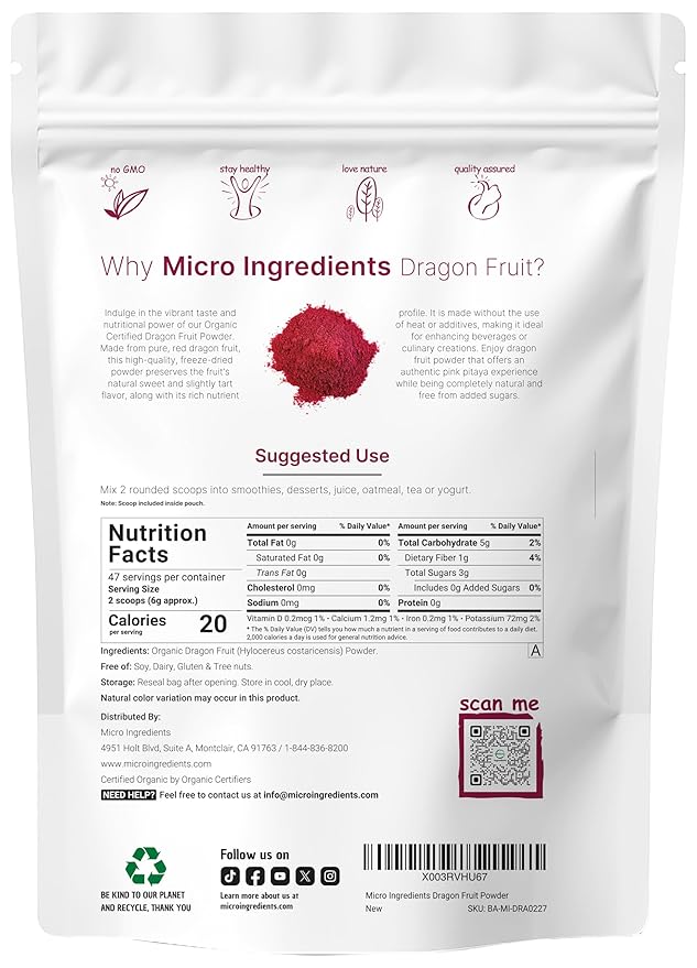 Organic Dragon Fruit Powder 10oz | 100% Natural Fruit Powder | Freeze-Dried Pink Pitaya Source | No Sugar &amp Additives | Great Flavor for Drinks Smoothie &amp Beverages | Non-GMO &amp Vegan Fr