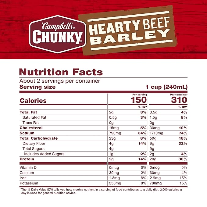 Campbell’s Chunky Soup Hearty Beef and Barley Soup 18.8 Oz Can (Pack of 24)