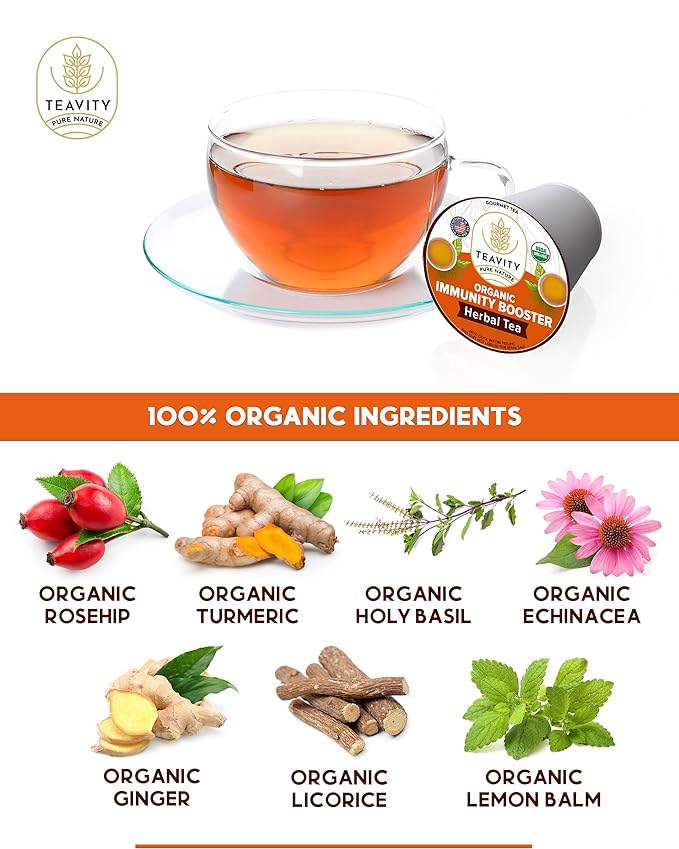 Organic Ginger Tea Pod with Echinacea Turmeric and Licorice for Keurig Decaf by Teavity (24 Tea Pods)