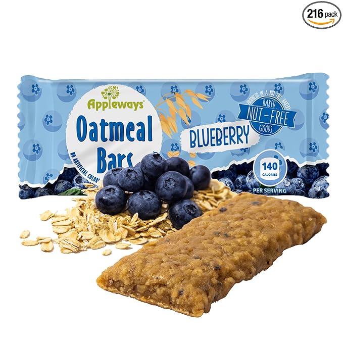 Appleways Blueberry Oatmeal Bars 1.2 oz 216 Count - Individually Wrapped Whole Grain Soft Baked Oat Snack Bars Healthy and Nut-Free Breakfast Bar Snacks for On the Go Made in USA (16.2 lbs Total)