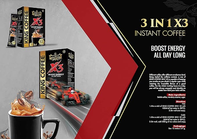 King Coffee 3in1 X3 Instant Vietnamese Coffee Packets Box 12 sticks x 0.95 oz (27g) Boost Energy Cafe Mix Perfect for Powerful Day (3)
