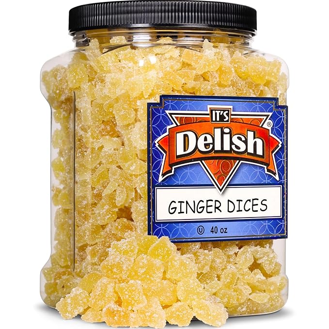 Crystallized Ginger Dices by It's Delish 2.5 Lbs Jumbo Container | Candied Dried Ginger Fruit Chews Natural Candy Ginger Root with Sugar Crystals Unsulphured No Color Added - Healthy Snack Vegan