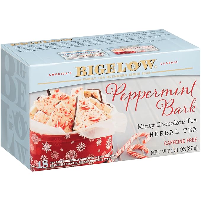 Bigelow Tea Peppermint Bark Herbal Tea Caffeine Free Tea with Peppermint and Chocolate Holiday and Christmas Tea 18 Count Box (Pack of 6) 108 Total Tea Bags