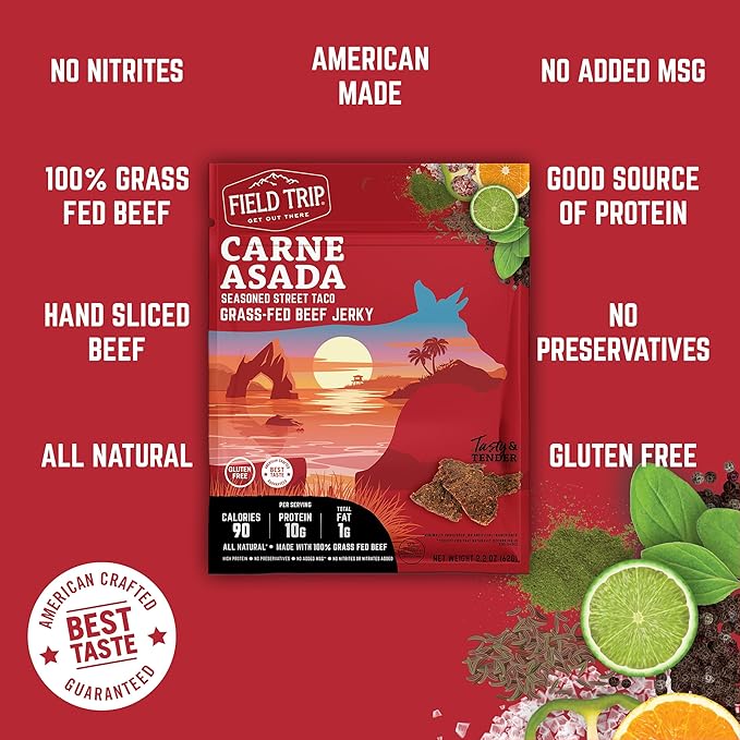 Field Trip Grass Fed Beef Jerky Healthy Gluten Free Snacks All Natural High Protein Low Carb Snack with No Nitrates 2.2oz 4 Pack Carne Asada
