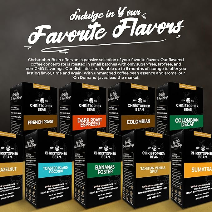 Christopher Bean Coffee - 396 servings 30 to 1 Blend Bag in Box Liquid Instant Coffee or Cold Brew Coffee Concentrate - Hot or Iced Coffee - Decaf Colombian