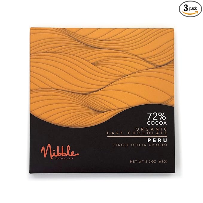 Nibble Chocolate Peru 72% | 3 Pack | Certified Organic | Vegan | 2 Ingredients | Gluten &amp Soy Free |