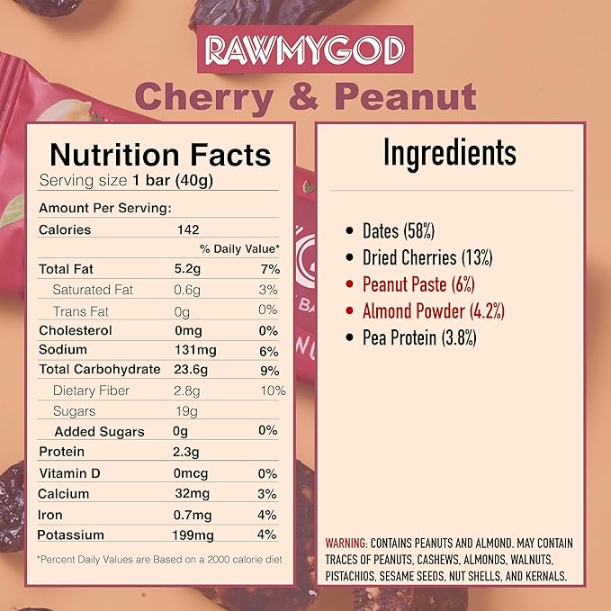 RAWMYGOD Fruit and Nut Bars Gluten Free Vegan No Added Sugar (16 bars Cherry &amp Peanut)