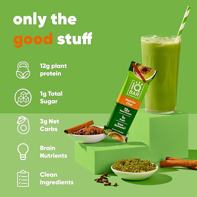 IQBAR Clean Plant Protein Bars - Matcha Chai - 36 Count - Keto Vegan High Fiber Gluten and Dairy Free Low Sugar Snack - Brain and Body Nutrients for Focus Energy Meal Replacement
