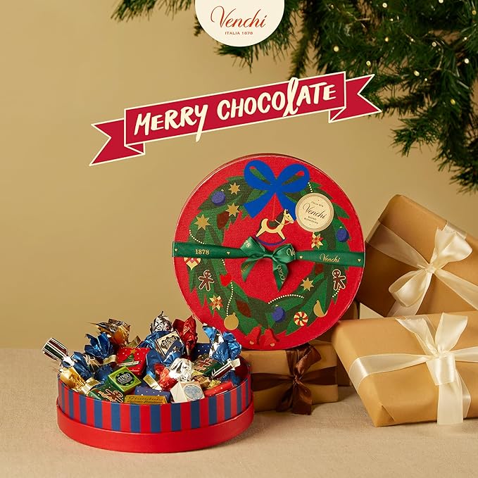 Venchi Medium Christmas Hatbox Gift with Assorted Chocolates with “Piedmont Hazelnut” Limited Edition 9.70 oz Gluten-Free Gift Idea