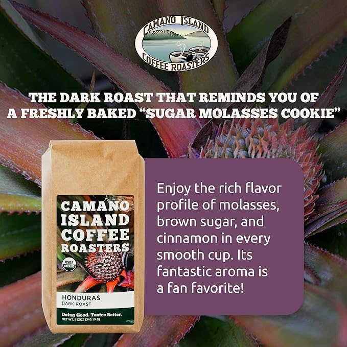 Camano Island Coffee Roasters Honduras Dark Roast Ground 12oz Fresh Small Batch Roasted USDA Organic Fairly Traded Shade Grown Top 1% Arabica - Molasses Brown Sugar Cinnamon Flavor