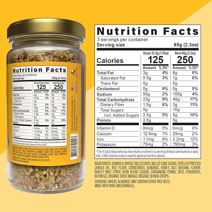 Kin Kitchen non-GMO Granola &amp Organic Quinoa Crisps in a Glass Jar Recyclable and Resusable. Made with Real Fruit. No Aritificial Colors Flavors or Perservatives. Great for Snacking Cereal on