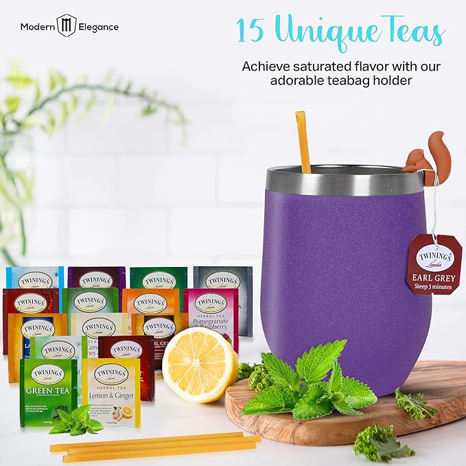 Modern Elegance Tea Gift Set Includes 15 Teas Stainless Steel Tumbler Honey Straws Tea Spoon Squeezer Squirrel Tea Bag Holder (Purple)
