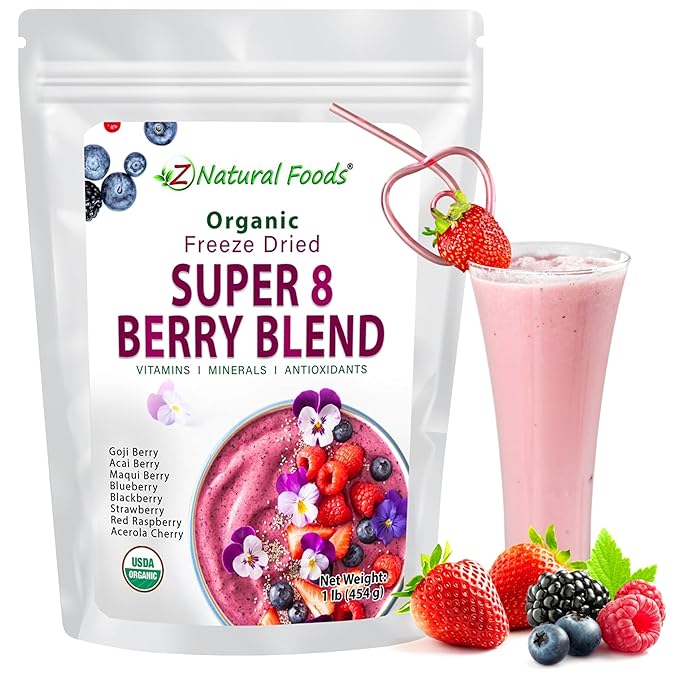 Z Natural Foods Super 8 Berry Blend - Organic Freeze Dried Berry Powder Fruit Superfood Powder - Delicious Powdered Fruit Berry Antioxidant Powder for Smoothies Yogurts Healthy Drink Mix 1 lb
