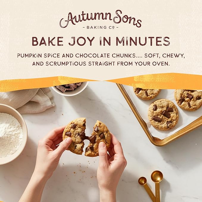 Autumn Sons Baking Co. Gluten Free Pumpkin Chocolate Chunk Cookie Mix. Limited Edition Pumpkin Spice Cookie Mix. Vegan Plant Based. No Dairy Soy &amp Nuts. Top 9 Allergen Free. 8.9 oz (Pack of 3)