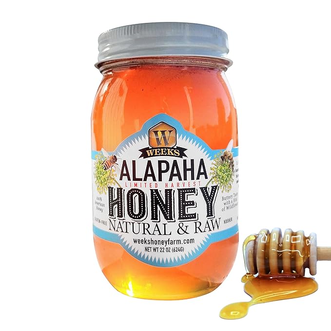Weeks Honey Farm American Alapaha Honey is 100% Pure Raw Unique Natural Blend of South Georgia Tupelo and Wildflower Honey 22 Ounce Glass Jar
