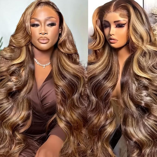 32 Inch Highlight Ombre Lace Front Wig Human Hair 13X4 HD Honey Blonde Wig Human Hair 4/27 Colored Body Wave Lace Frontal Wigs Human Hair Glueless Pre Plucked Wigs With Baby hair