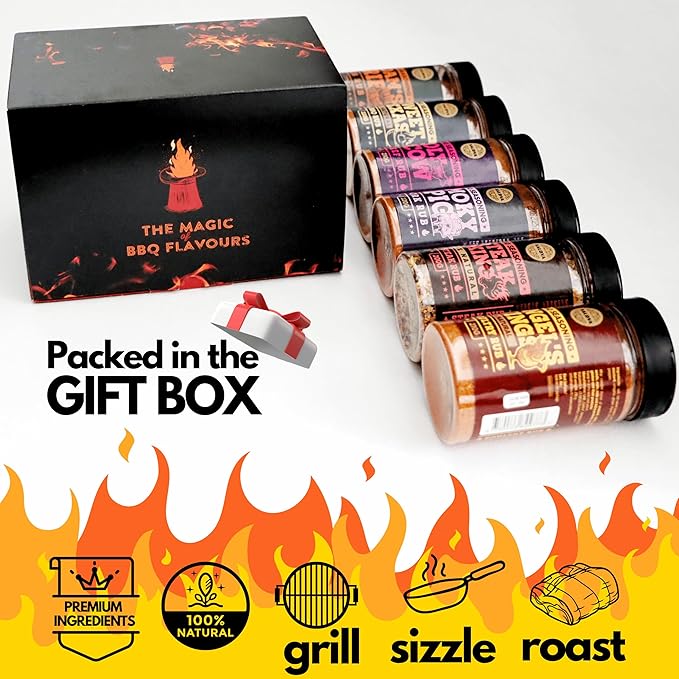 SALDVA Gift Selection of Premium BBQ Seasonings - Holy Cow Angel’s Wings Smoky Pig Sweet Texas Steak King &amp Adam's Ribs BBQ Rubs | Pack of 6 | 100% Natural | Spice Gift For Foodie