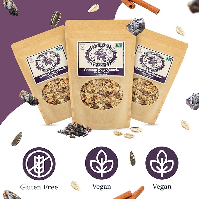 Maple Nut Kitchen Coconut Date Granola 3 Pack – Gluten-Free Vegan &amp Nut-Free Granola with Certified Oats Pumpkin Seeds Coconut Chips &amp Diced Dates – Low Sugar Crunchy Healthy Breakfast
