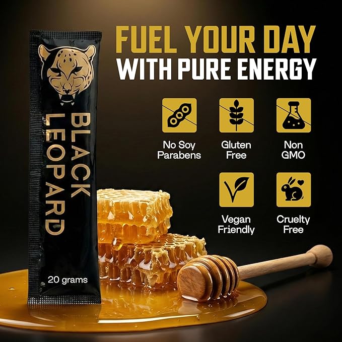 Black Leopard Honey Packs Pure Honey Sachets with Bee Pollen Single Serve Honey Packets for Natural Energy and Daily Vitality 20 Gram Sachets Pack of 10